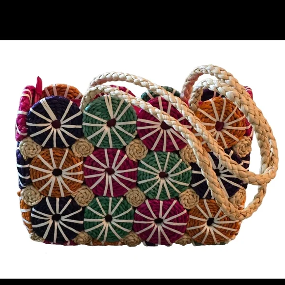 Colorful Patchwork Straw Tote Bag Vibrant Multicolor Summer Vibes - Picture 4 of 11